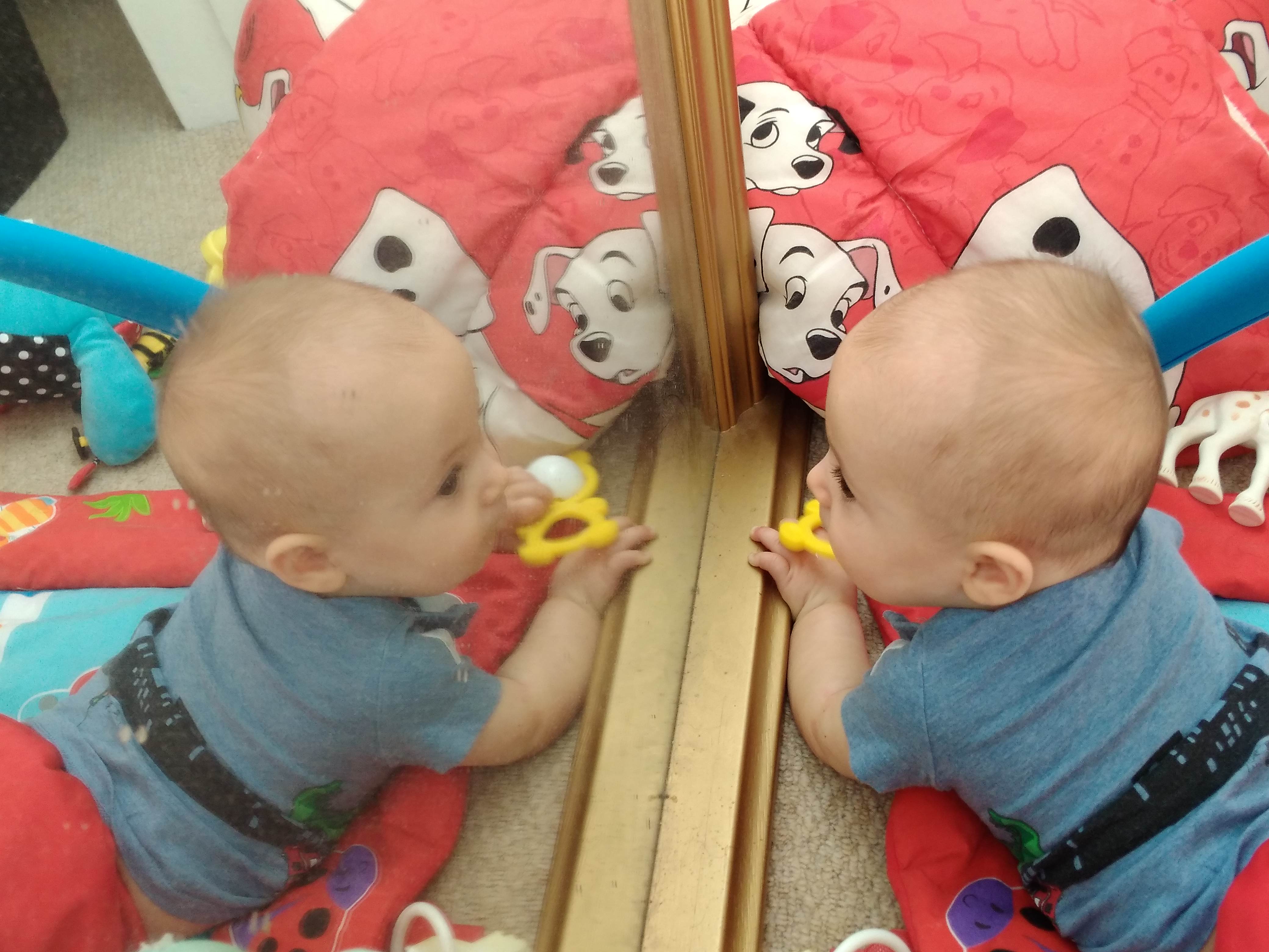 Baby looking at themselves in a mirror